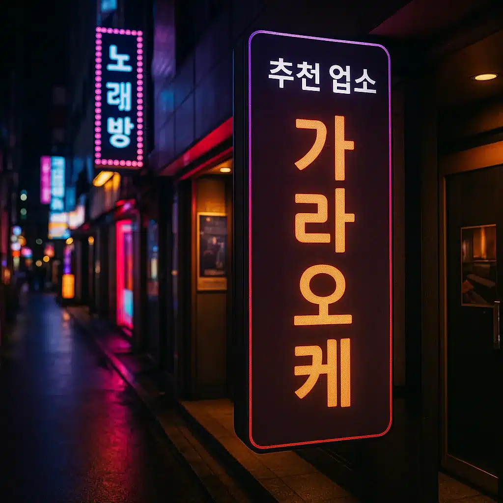 홍대 가라오케 추천 업소 간판이 밤거리에 선명하게 빛나는 장면