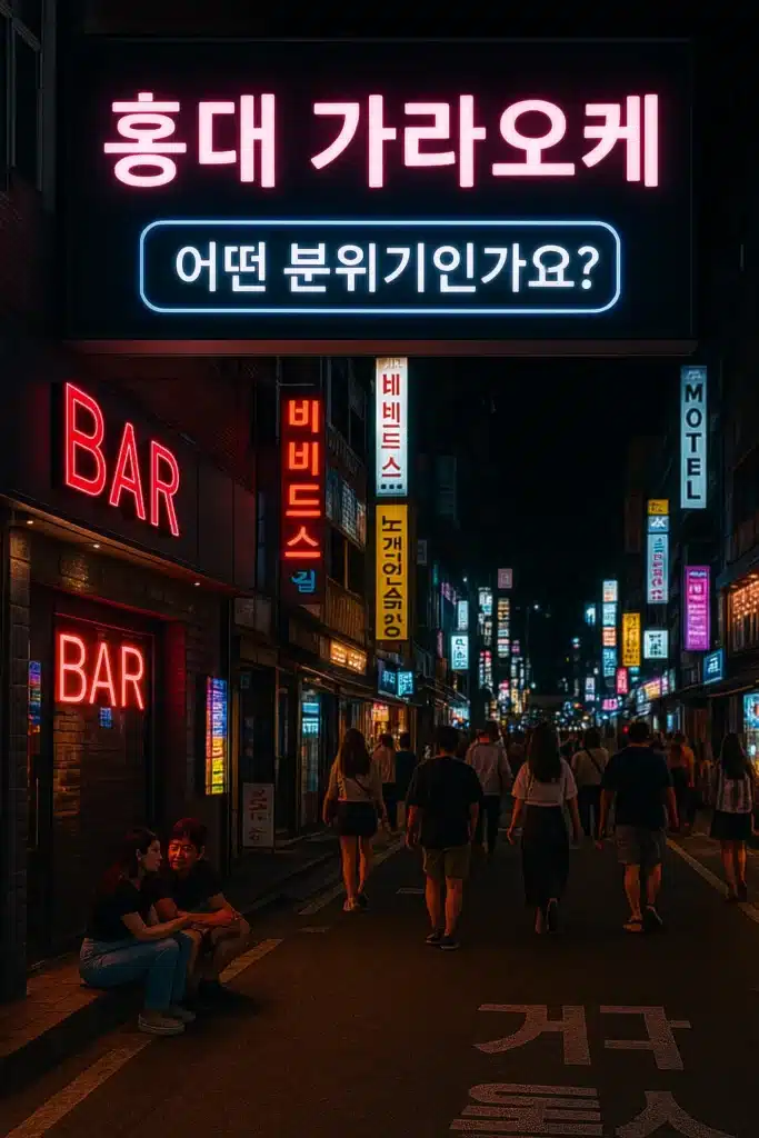 홍대 가라오케 거리의 밤 풍경과 네온 간판들