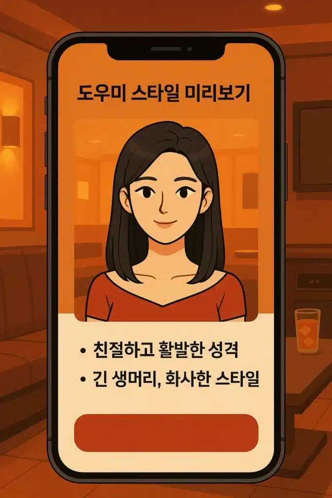 도우미 스타일 미리보기를 보여주는 스마트폰 화면 일러스트
