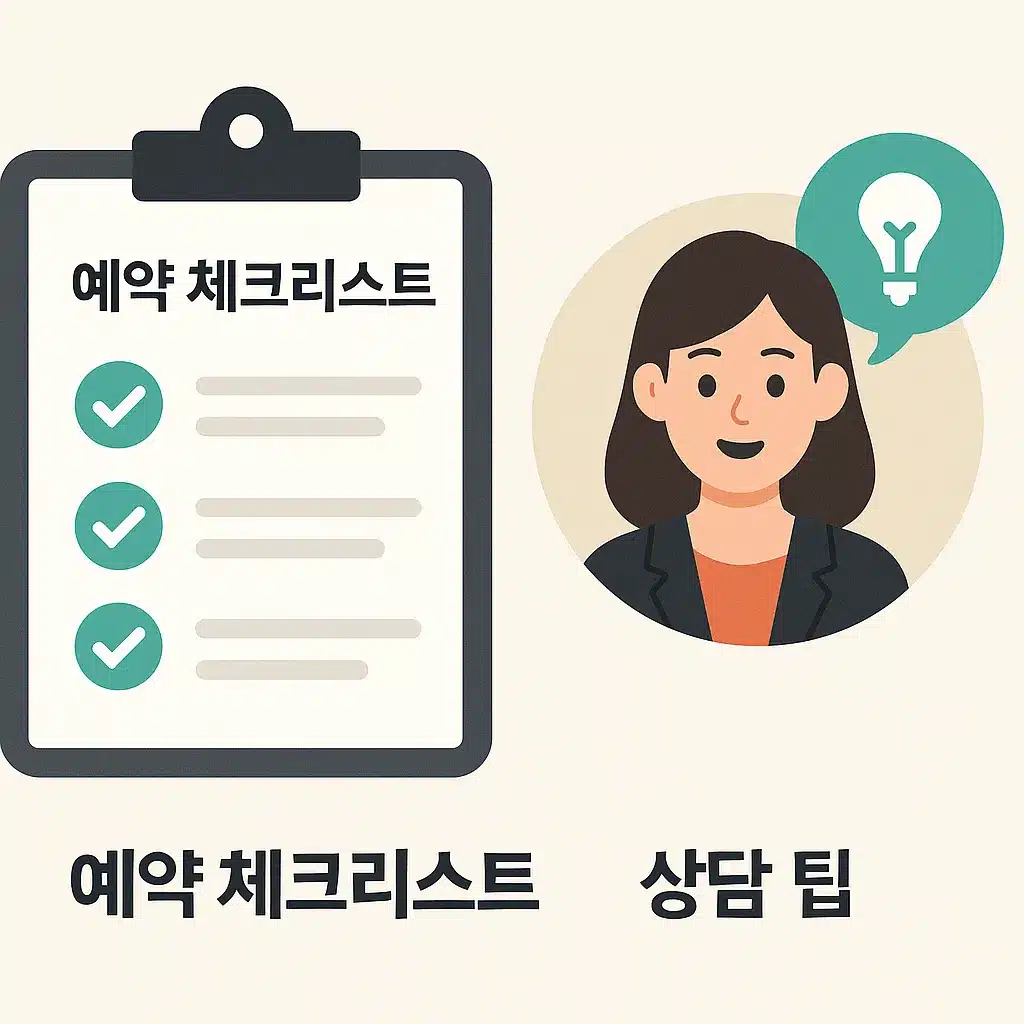 예약 체크리스트와 상담 팁을 보여주는 일러스트 이미지
