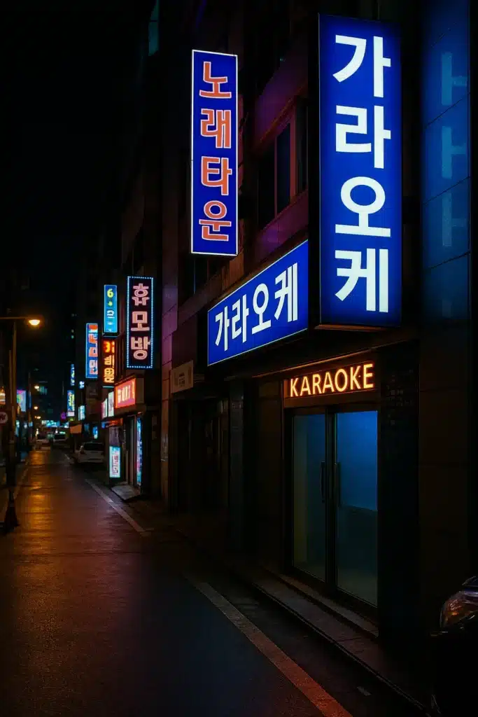 신촌 가라오케 거리의 네온 간판과 젖은 아스팔트 야경
